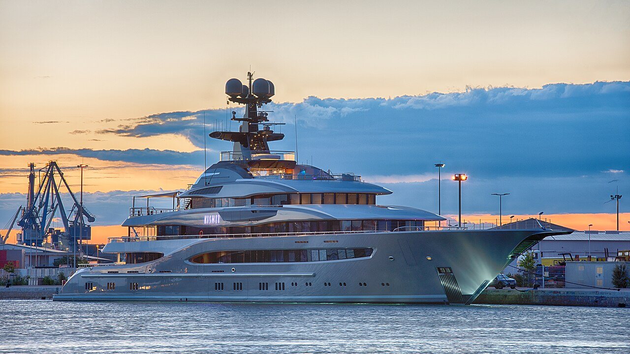 The 95-metre Lürssen Kismet at dusk in Sète, France.