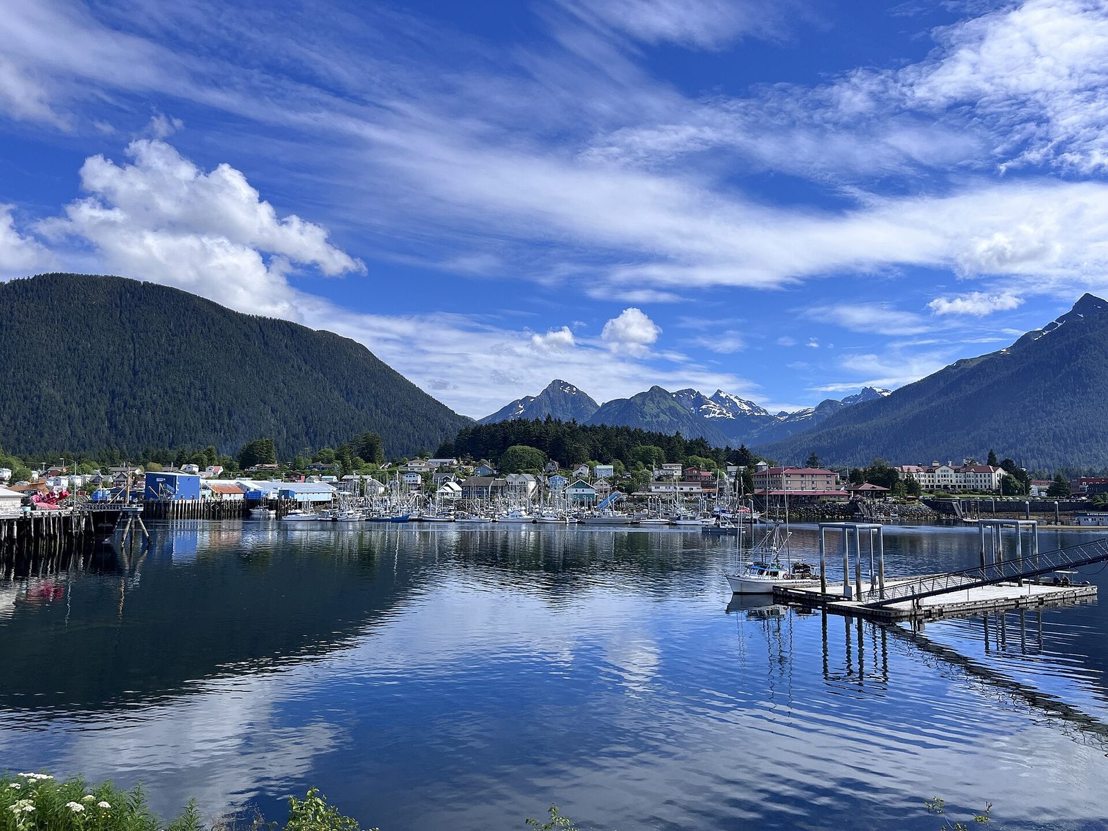 Sitka's harbour and waterfront beneath the forested peaks of Baranof Island