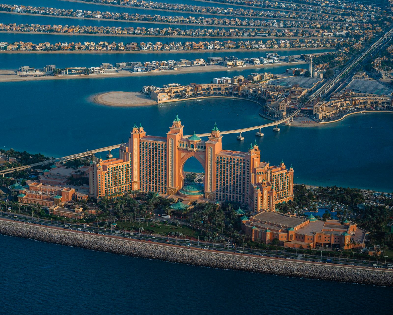 Aerial view of Atlantis The Palm at the crest of Palm Jumeirah, Dubai