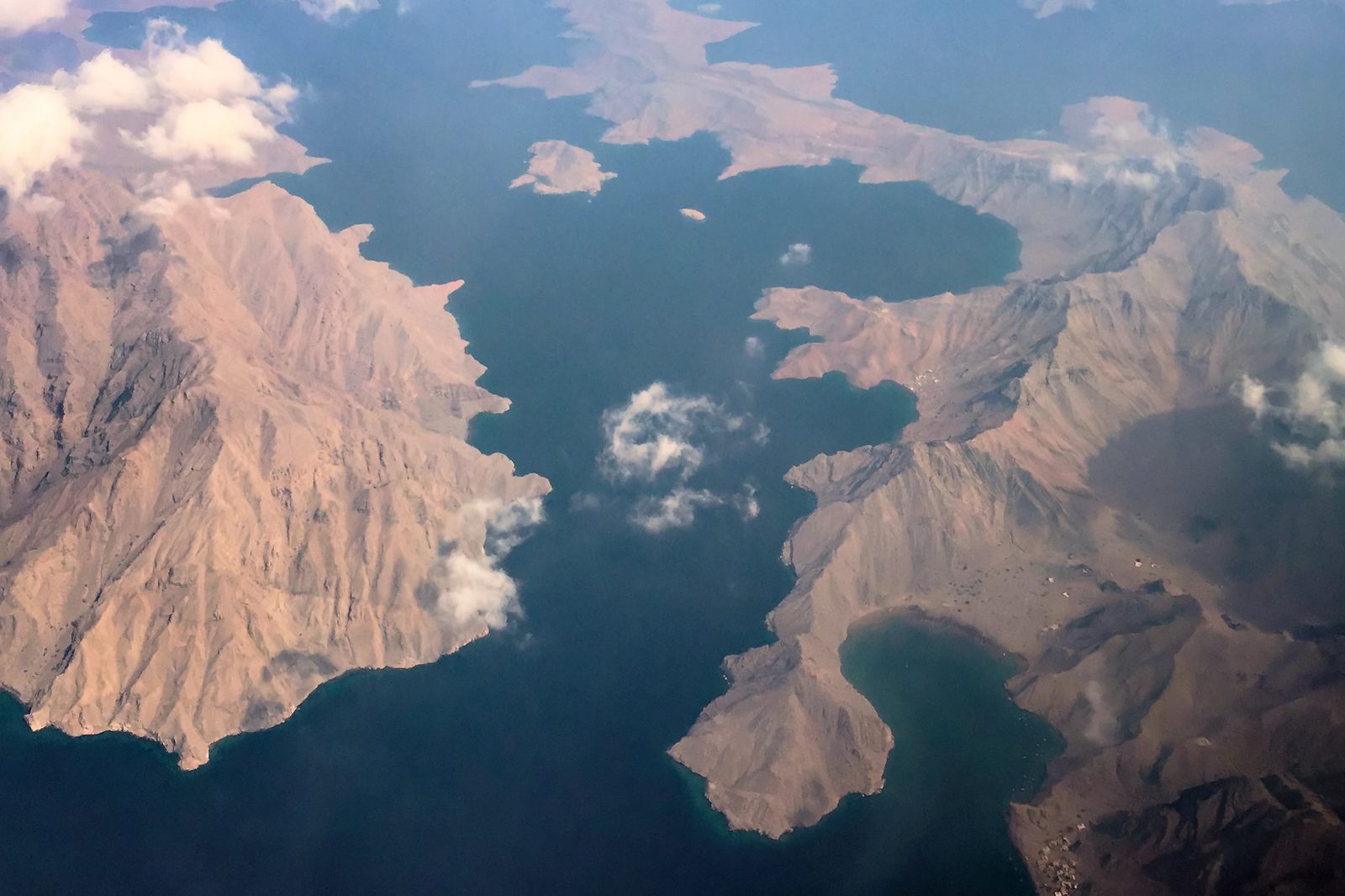 Aerial view of Elphinstone Inlet, a fjord-like khor in the Musandam Peninsula, Oman
