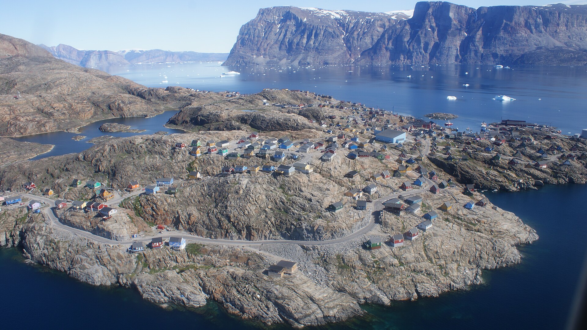 Aerial view of Uummannaq's heart-shaped mountain and fjord, Greenland