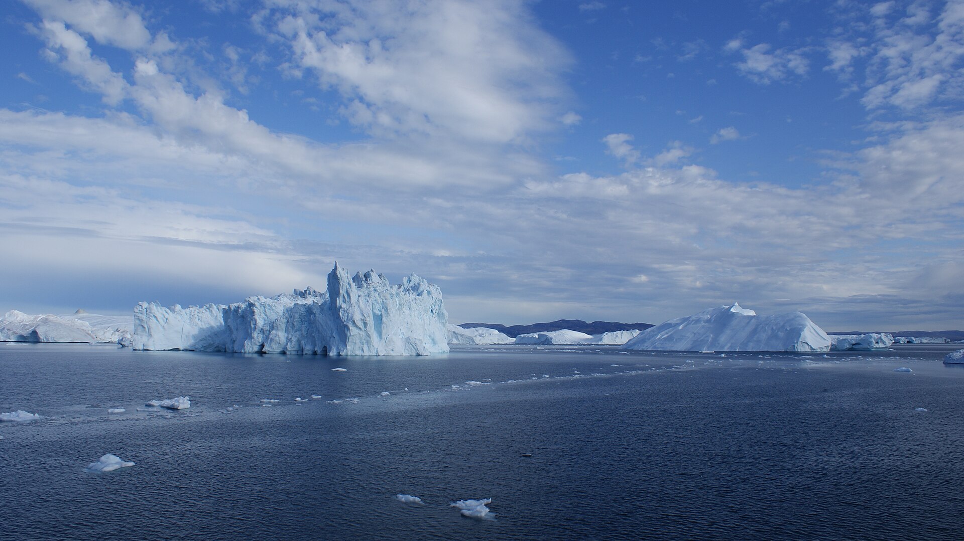 Icebergs scattered across Disko Bay, Greenland