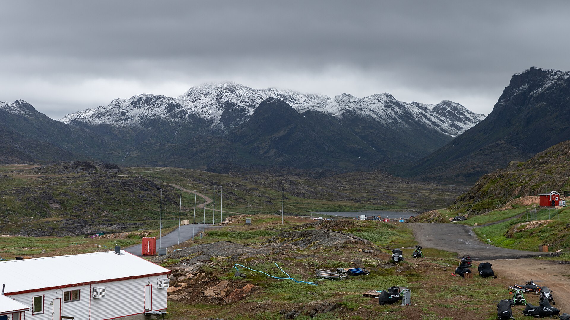 View over Sisimiut's colourful houses toward the Arctic Circle Trail, Greenland