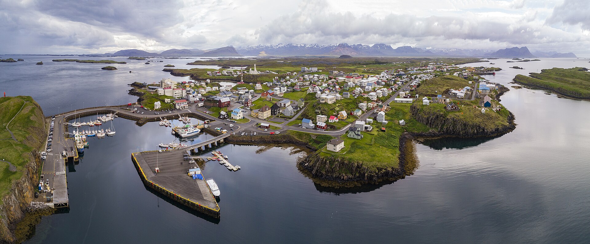 Aerial panorama of Stykkishólmur harbour and the islands of Breiðafjörður