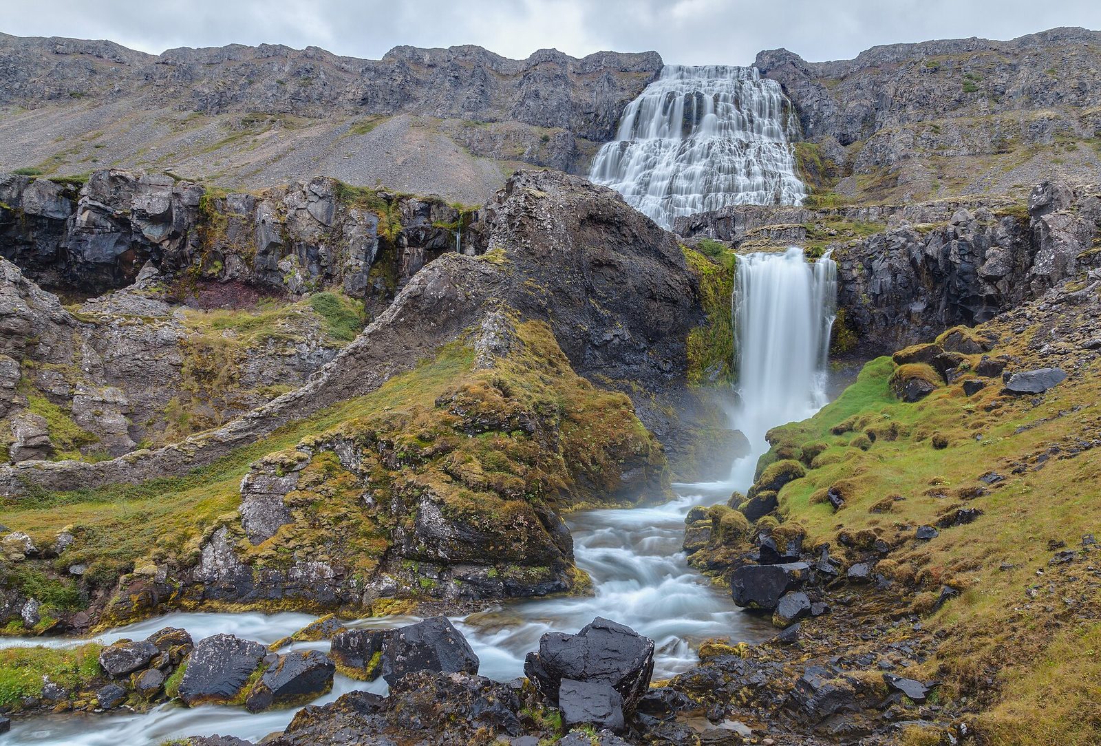 Dynjandi waterfall fanning 100 metres down the head of Arnarfjörður, Westfjords