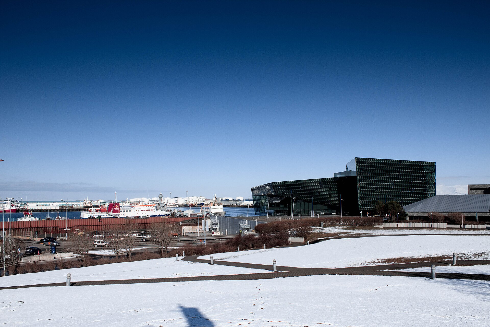 Harpa concert hall and Reykjavik's old harbour seen from Arnarhóll