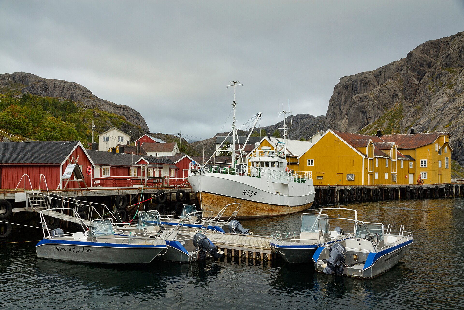 Boats moored in Nusfjord harbour, Lofoten