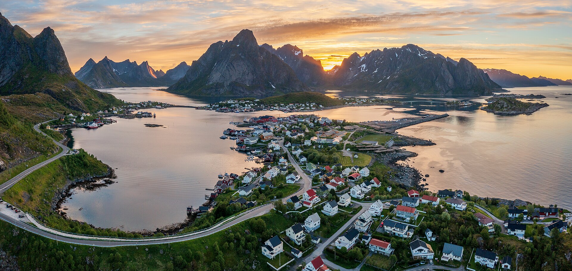 Late-night summer light over Reine and Reinefjorden under the midnight sun