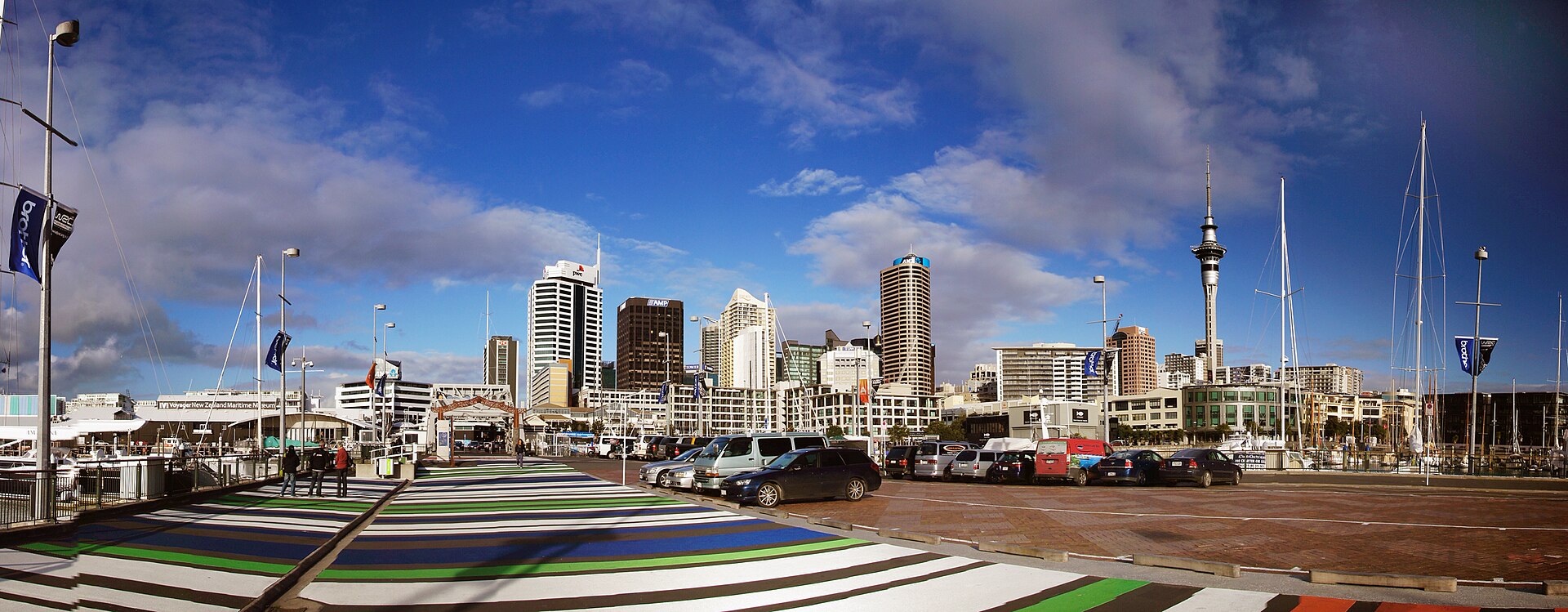 Auckland's skyline and Sky Tower seen from the Viaduct Basin marina