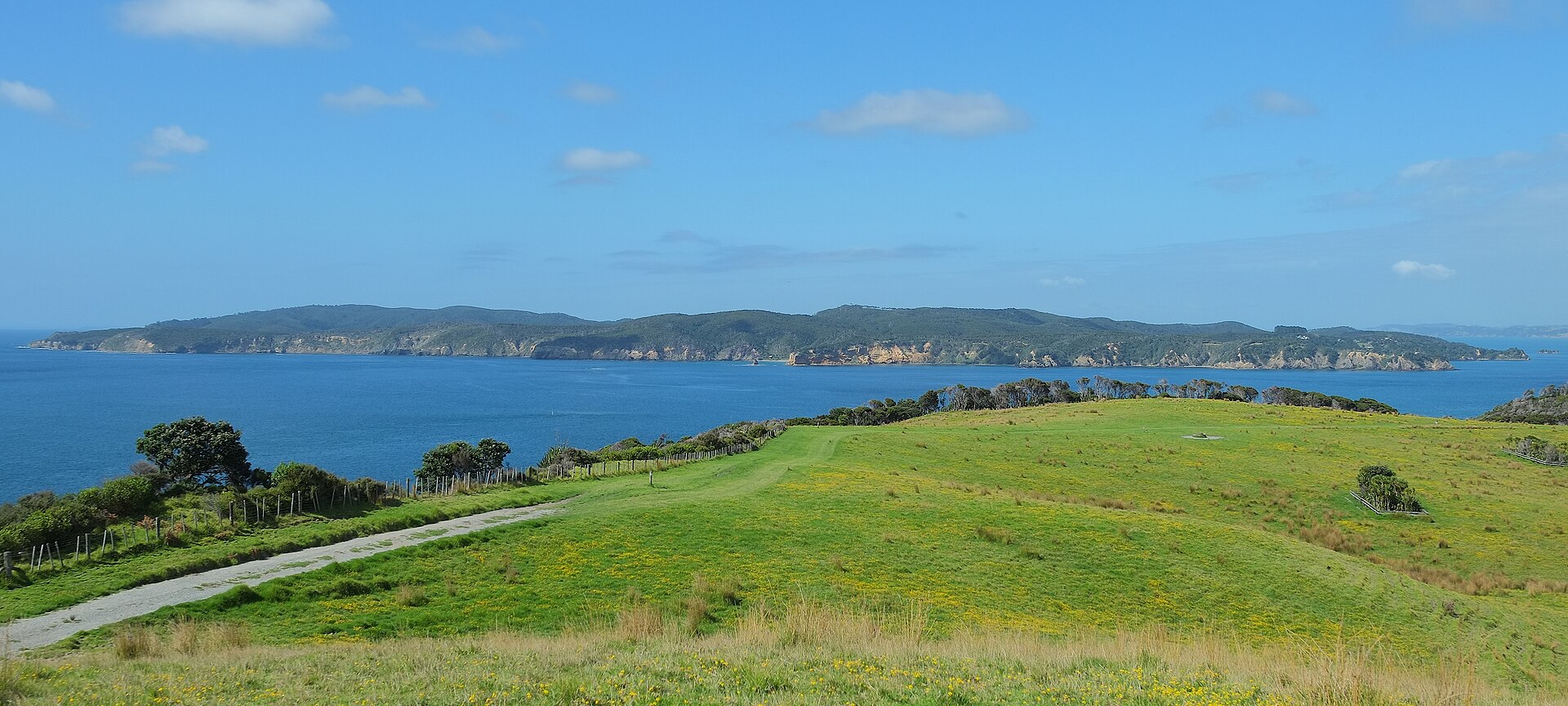 Coastal view toward Kawau Island from the Tawharanui Peninsula, Hauraki Gulf