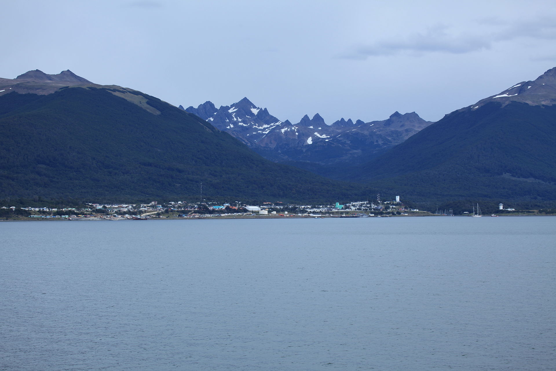 Puerto Williams beneath the Dientes de Navarino, seen from the Beagle Channel