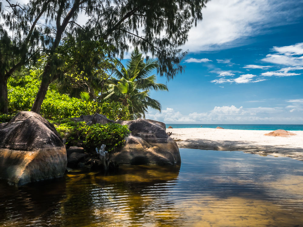 Anse Lazio beach on Praslin, framed by granite boulders and palms